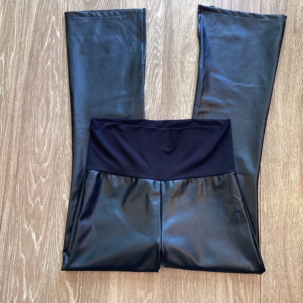 Hatch Black Faux Leather Boot Cut Jumpsuit Pants with Stretch Waistband